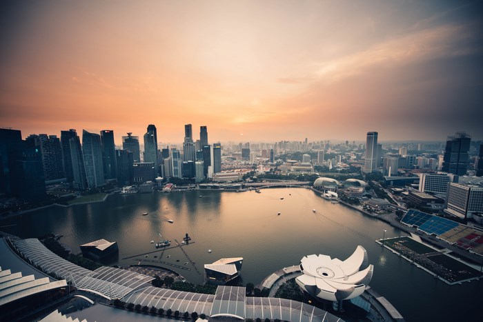 Singapore cityscape at Marina Bay during sunset