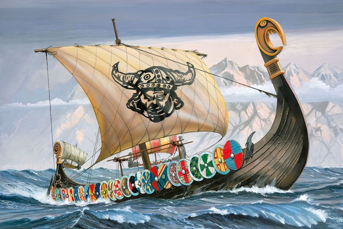 Viking longship sailing on rough seas with mountains in background