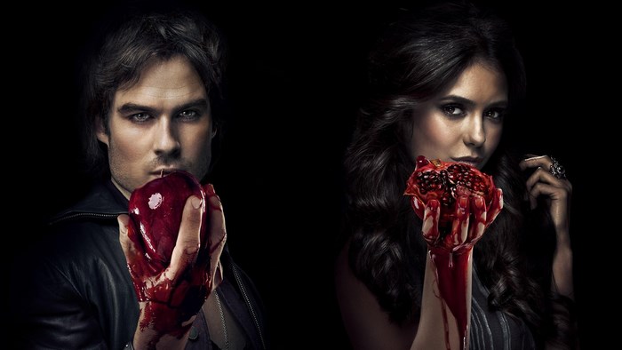Damon Salvatore and Elena Gilbert from The Vampire Diaries