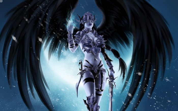 Angel warrior with black wings and blue fire