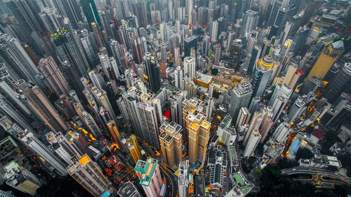 Aerial view of Hong Kong skyscrapers at dusk