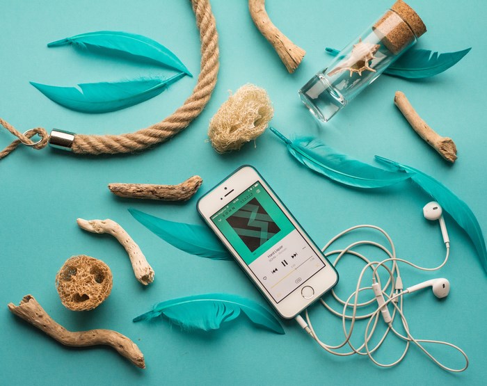 Flatlay of iPhone with Earphones, Feathers, Natural Elements