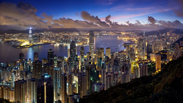 Hong Kong skyline at dusk with Victoria Harbour