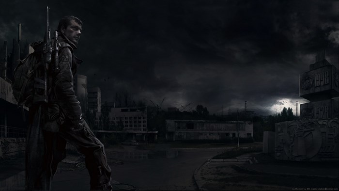 Stalker in abandoned city with monument