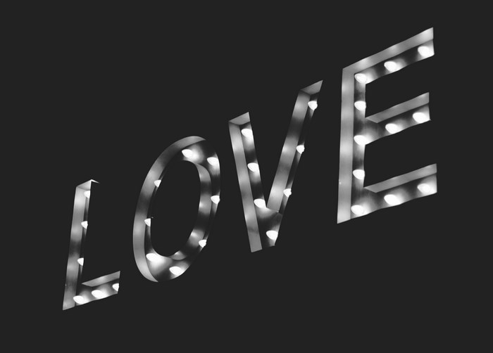 Marquee letters spelling LOVE with lights
