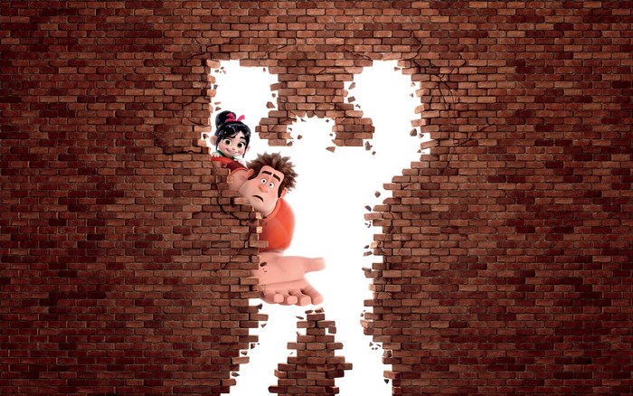 Vanellope and Ralph from Wreck-It Ralph breaking a brick wall