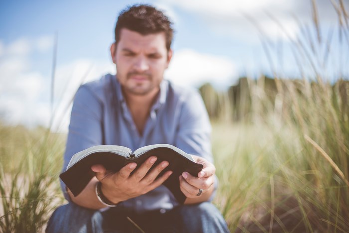 Man reading a bible outdoors in the grass