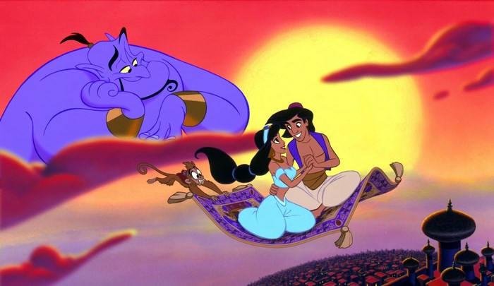 Aladdin, Jasmine, Genie, and Abu on a magic carpet