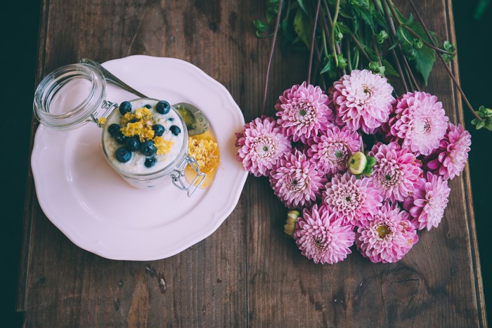 Berry Yogurt Dessert with Pink Chrysanthemums