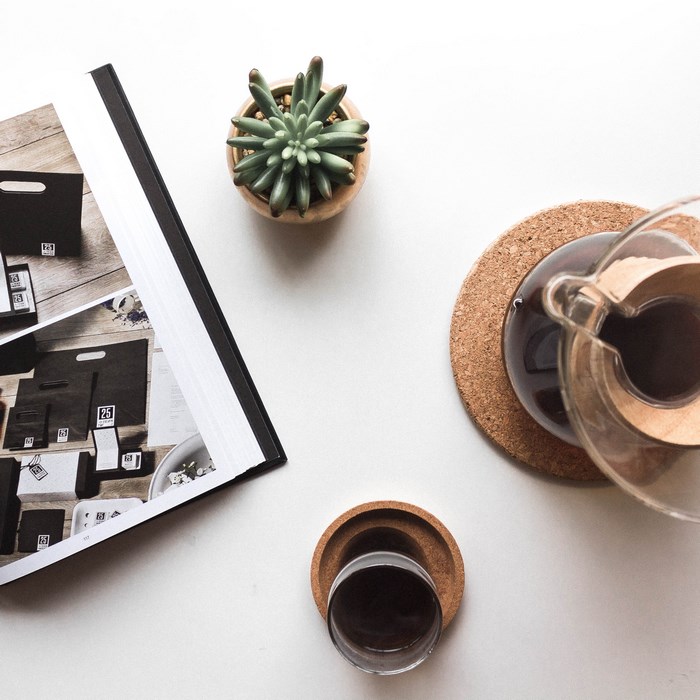 Flat Lay Coffee Setup with Succulent and Book