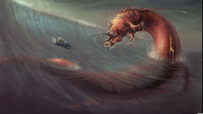 Sea monster attacking a boat in a giant wave