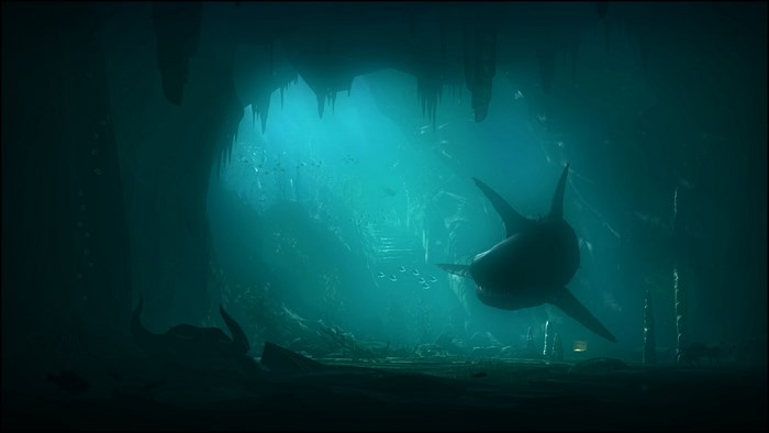 Shark swimming in underwater cave