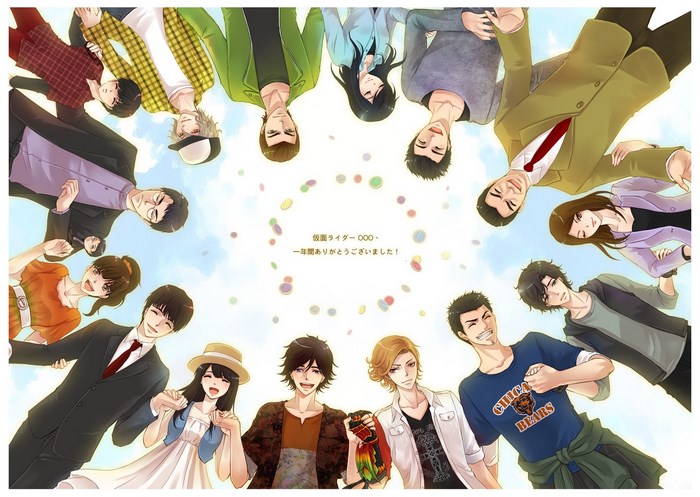 Kamen Rider OOO characters in anime style