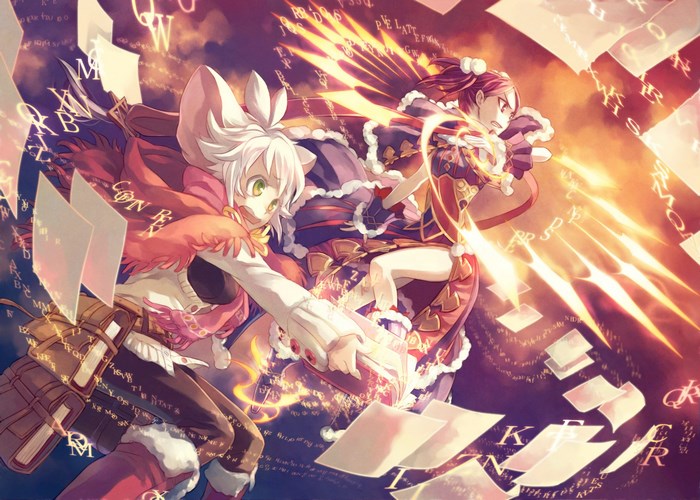 Pixiv Fantasia characters casting spells with glowing letters