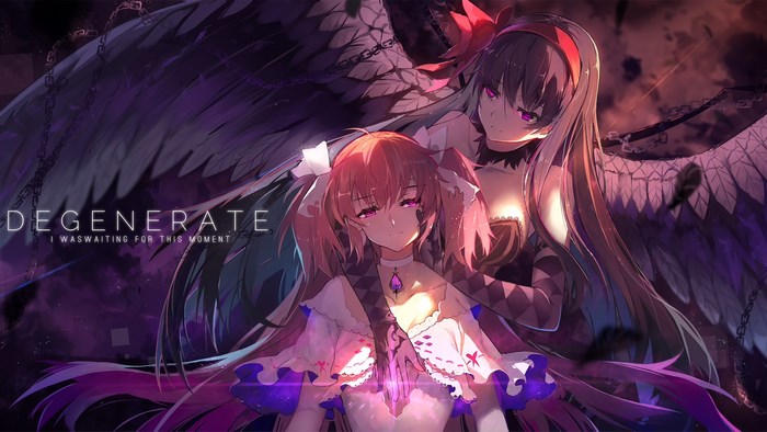 Two girls with wings, one with pink hair, one with dark hair, Degenerate