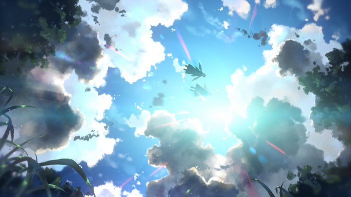 Two figures flying through clouds in Sword Art Online