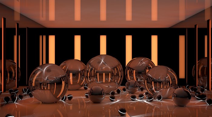 Chrome spheres in a futuristic room with orange lights