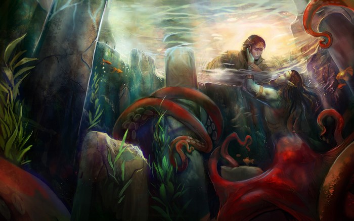 Mermaid and man underwater with octopus