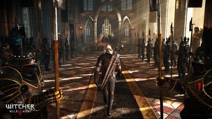 Geralt of Rivia from The Witcher 3: Wild Hunt in a throne room