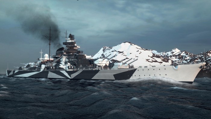 German Battleship Tirpitz at Sea with Snowy Mountains