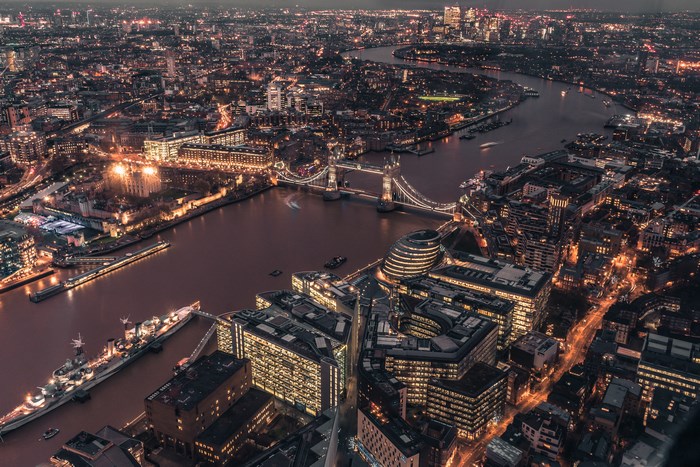 Night View of London River and Tower Bridge