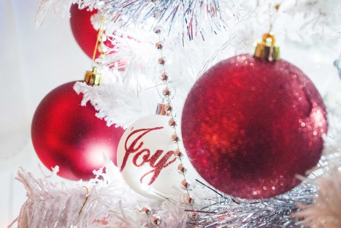 White Christmas Tree with Red and Gold Ornaments