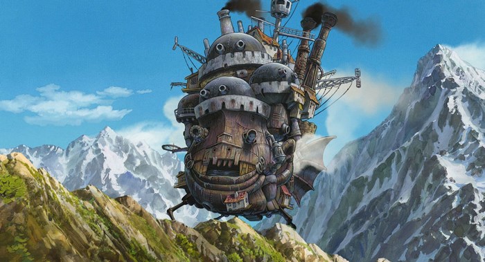 Howl's Moving Castle flying over mountains