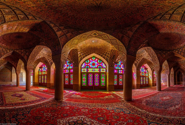 Interior of Nasir al-Mulk Mosque with stained glass windows
