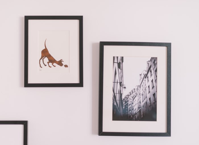 Framed art of a dog and a Parisian street scene