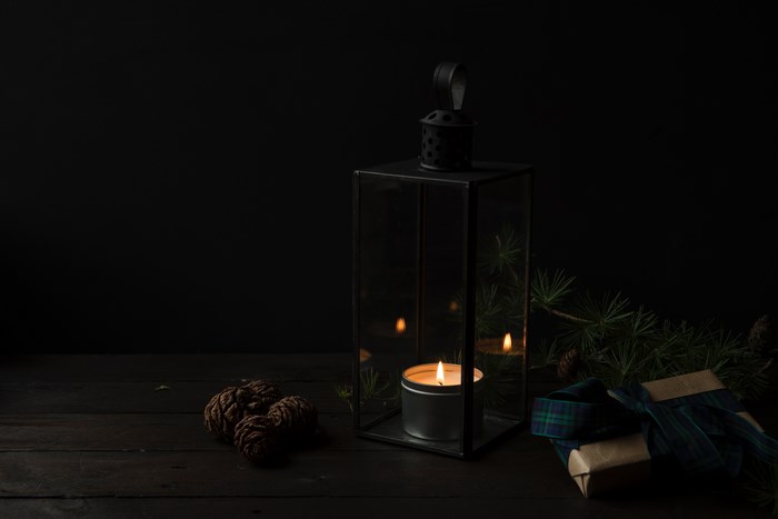 Festive Candle Lantern with Pine Cones and Gifts