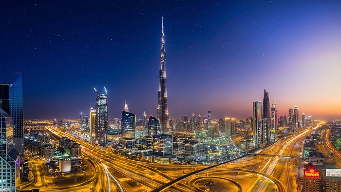 Dubai Skyline with Burj Khalifa at Night