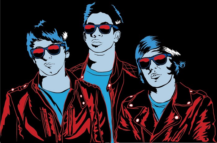 Three men wearing sunglasses and leather jackets