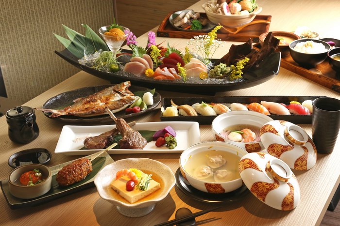 Japanese Food Platter with Sashimi, Sushi, and Grilled Fish