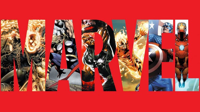 Marvel logo with comic book characters