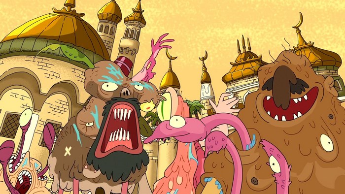 Rick and Morty alien creatures in front of buildings