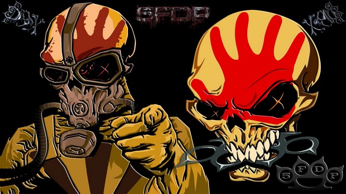 Five Finger Death Punch skulls with gas mask and brass knuckles