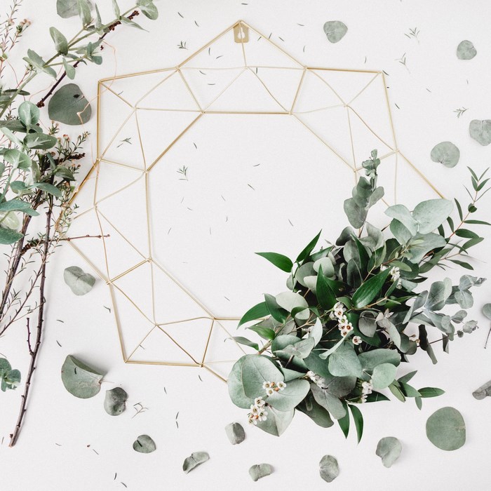 Geometric Gold Wreath with Eucalyptus and Wax Flower