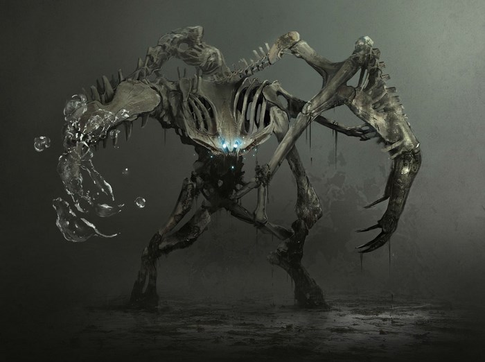 Skeletal creature with glowing eyes and water