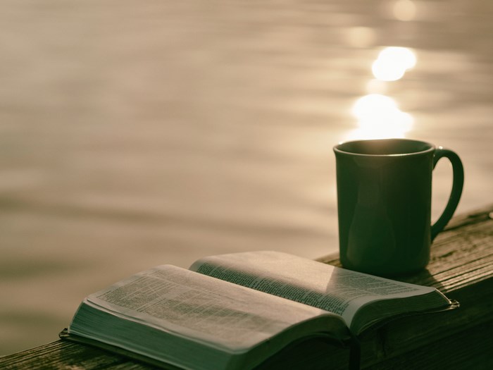 Morning coffee by the lakeside with an open book