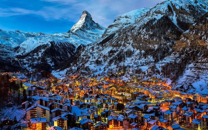 Zermatt village at dusk with Matterhorn mountain