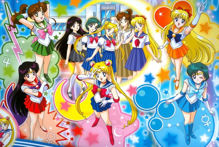 Sailor Moon characters in school uniforms and sailor outfits
