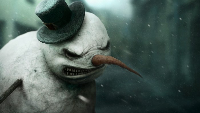 Creepy snowman with a top hat and carrot nose