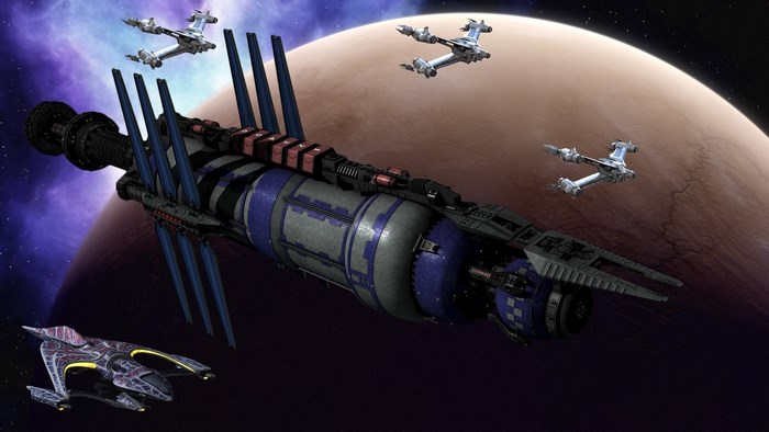 Babylon 5 fleet with planet and nebula