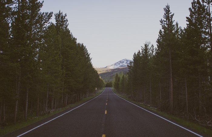 Empty Road Through Forest Toward Snowy Mountain