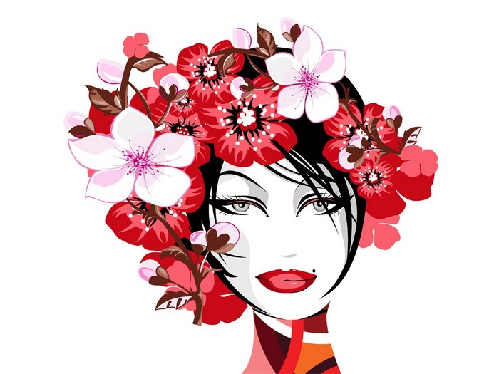 Woman with red and white flowers in hair