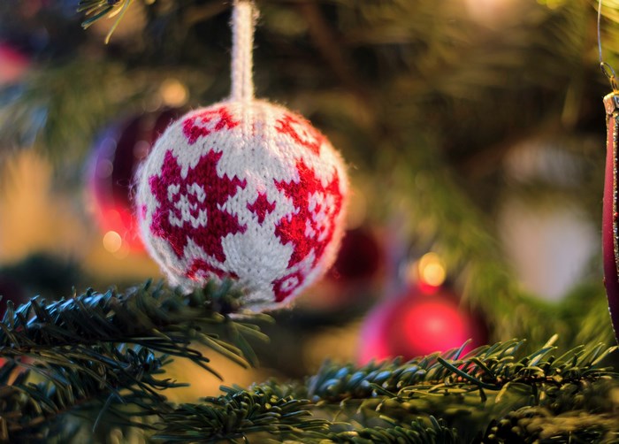 Knitted Red and White Christmas Ornament on Tree