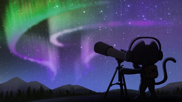 Cat with headphones and telescope watching aurora