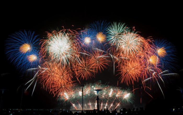 Colorful fireworks explode in the night sky