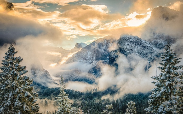 Snow-covered mountains and trees in Yosemite Valley