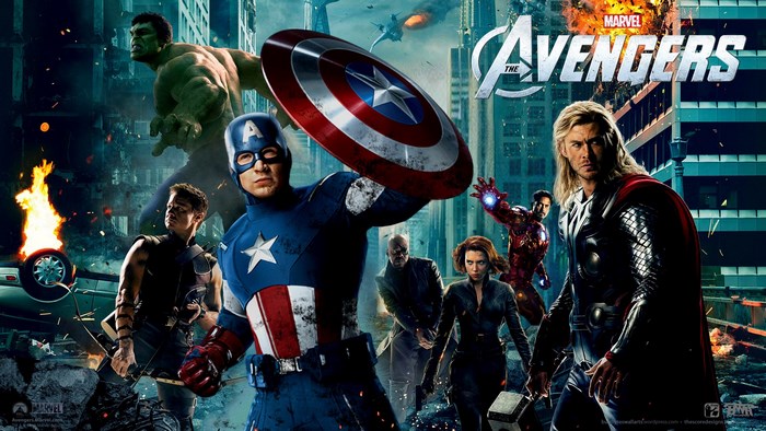 The Avengers movie poster with Captain America, Thor, Hulk, Iron Man, Black Widow, and Hawkeye